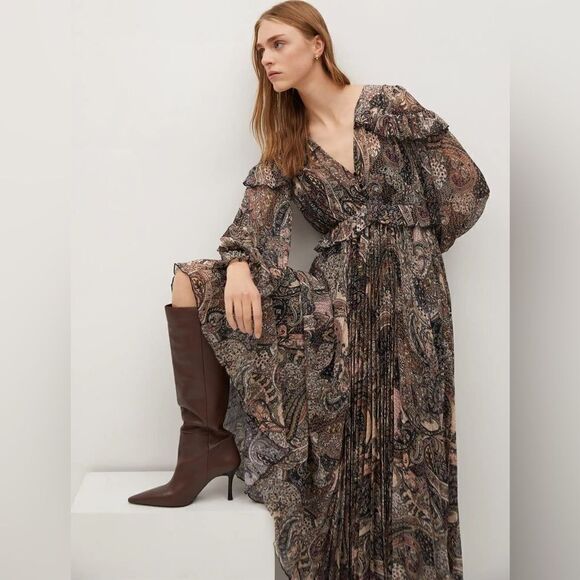 Mango Paisley Pleated Dress New - Picture 6 of 14